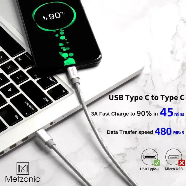 Alt view image 2 of 7 - USB C Cable 6.6ft, Type C to Type C Metal Braided Charging Cable PD 65W Fast Charge Data Sync Transfer Cord