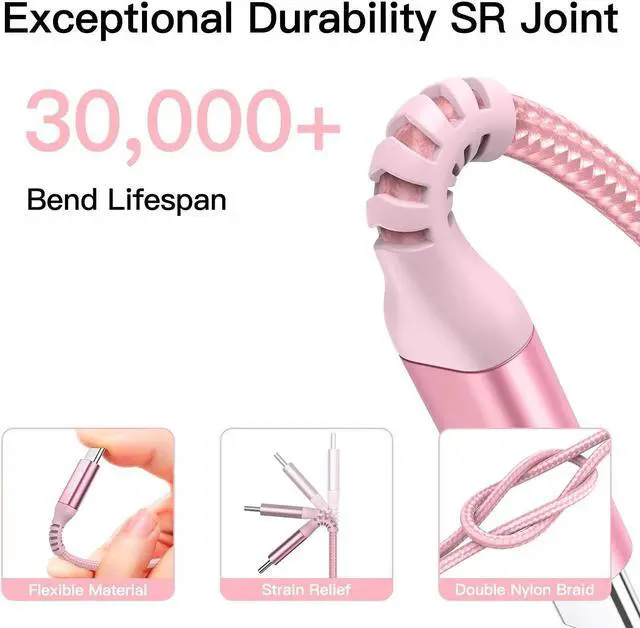 Alt view image 3 of 7 - 60W USB C to USB C Cable 10ft Pink Long Type-C Fast Charging Charger Cord Compatible with iPhone 15/15 Pro/15 Plus/15 Pro Max,Samsung Galaxy S23 S22 Note 20 10,Pixel 7,/Air