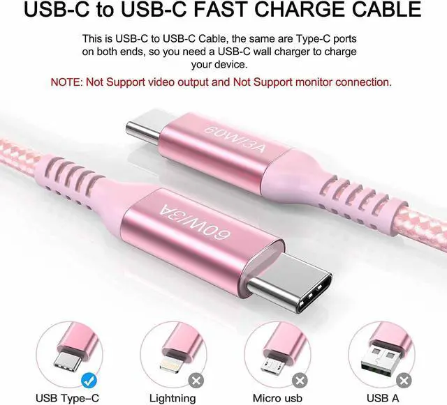 Alt view image 4 of 7 - 60W USB C to USB C Cable 10ft Pink Long Type-C Fast Charging Charger Cord Compatible with iPhone 15/15 Pro/15 Plus/15 Pro Max,Samsung Galaxy S23 S22 Note 20 10,Pixel 7,/Air