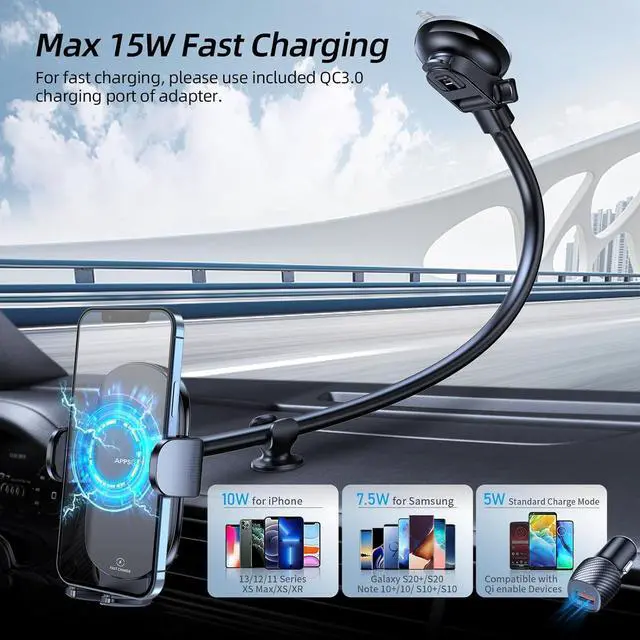Alt view image 2 of 7 - APPS2Car Wireless Car Charger 15W Fast Charging Car Phone Holder Charger Wireless Car Charger Mount for Dashboard Windshield Air Vent Compatible with iPhone 15 Pro Max Plus 14 13 12 Samsung LG & More