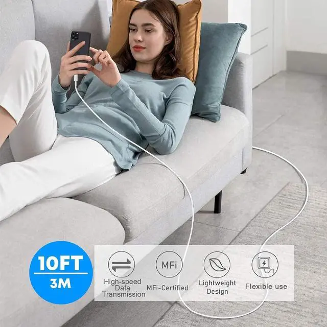 Alt view image 6 of 7 - iPhone Charger Fast Charging 10 FT [MFi Certified], PD 20W USB C Wall Charger Block with 10FT Long Type C to Lightning Fast Charging Data Sync Cable Compatible with iPhone 14 13 12 11 XS XR X 8 iPad