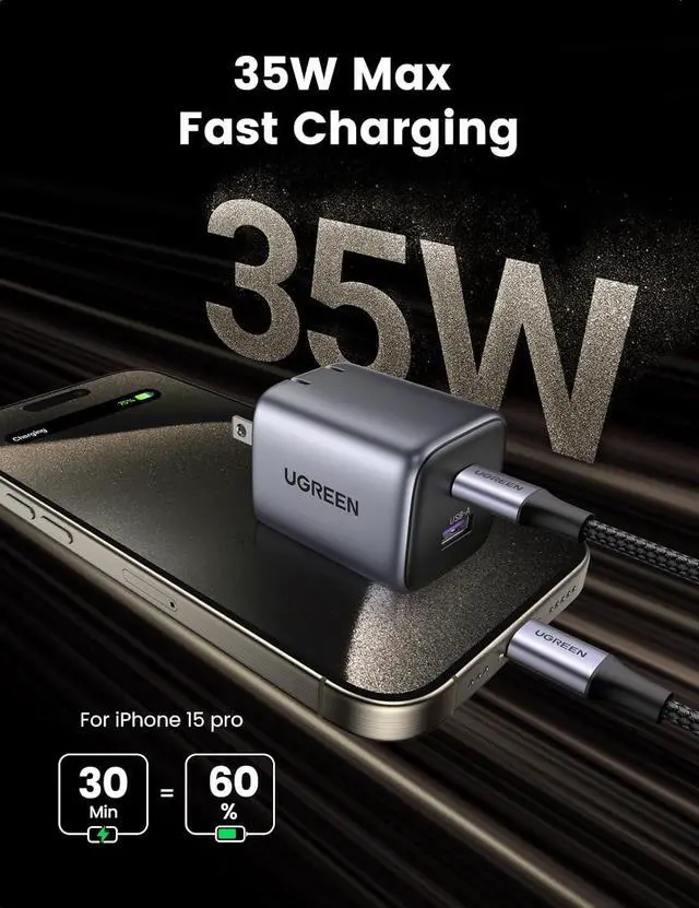 Alt view image 2 of 7 - UGREEN 35W USB C Charger, Nexode 2-Ports GaN Foldable PPS Compact Fast Wall Charger Block for iPhone 15 Pro Max/15 Pro/15 Plus/14/13, Galaxy S24/S23/Note 20, Pixel 8 Pro/8/7, iPad, , Steam Deck