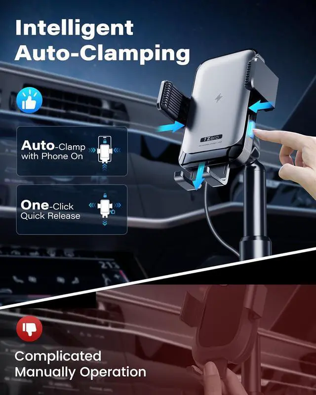 Alt view image 2 of 7 - 1Zero Auto Clamping Wireless Car Charger Sturdy Cup Phone Holder Mount 15W Fast Charging for iPhone 16 15 Pro Max Plus 14 13 12 11 XS X Samsung S24 Ultra S23 S22 S22 S21 S20 Pixel 8 Pro 7 6 5 4
