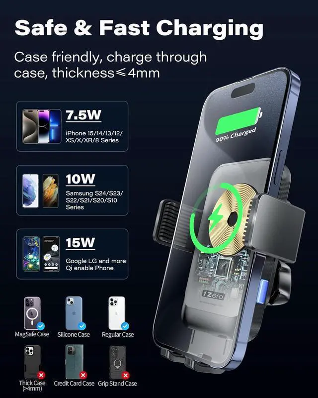 Alt view image 7 of 7 - 1Zero Auto Clamping Wireless Car Charger Sturdy Cup Phone Holder Mount 15W Fast Charging for iPhone 16 15 Pro Max Plus 14 13 12 11 XS X Samsung S24 Ultra S23 S22 S22 S21 S20 Pixel 8 Pro 7 6 5 4