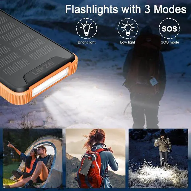 Alt view image 4 of 7 - Lekzai Solar Power Bank, Real Rated 10,000mAh Portable Wireless Fast Charger USB-C PD 20W, External Battery Pack with LED Flashlight for Outdoor, Camping -Orange