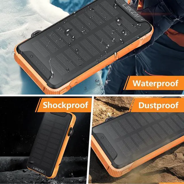 Alt view image 6 of 7 - Lekzai Solar Power Bank, Real Rated 10,000mAh Portable Wireless Fast Charger USB-C PD 20W, External Battery Pack with LED Flashlight for Outdoor, Camping -Orange