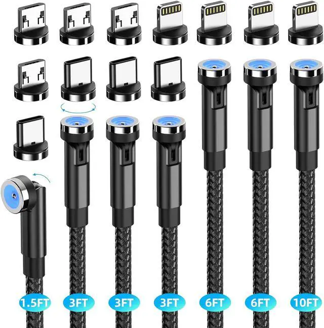 Main image of Magnetic Charging Cable [7-Pack 1.6FT/3FT/3FT/3FT/6FT/6FT/10FT] 540° Rotating Magnetic Phone Charger 3 in 1 Magnetic Cable Nylon Braided USB Charger Cable for Micro USB/Type C/iProduct Device-Black