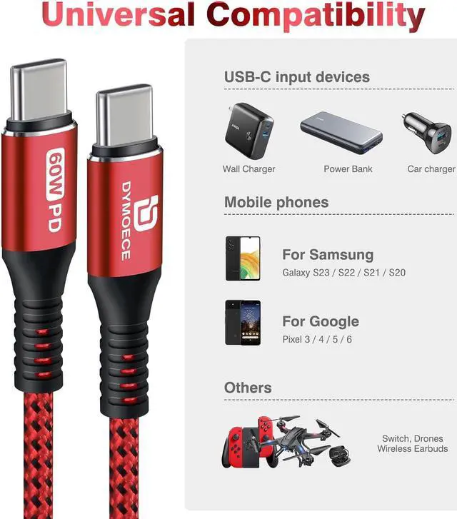 Alt view image 5 of 6 - USB C to USB C Cable,(6ft, 5Pack) 60W/3A Type C Charging Cable Cord Fast Charging USB C Cable for Samsung Galaxy S23 S22 S21 S20 Ultra, W24 Fold/Flip 5, Pixel 8 7 6 Pro 6a 5 4 3