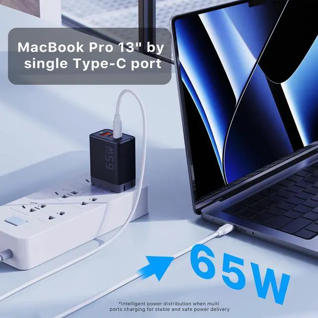 Alt view image 2 of 7 - 65W Charger J1611 GaN Charger 3 Ports Fast Charging Brick Foldable Wall Charger Compatible with HP Spectre MacBook Pro/Air  XPS 13 iPad Pro iPhone 15/Pro Galaxy S23 Apple Watch