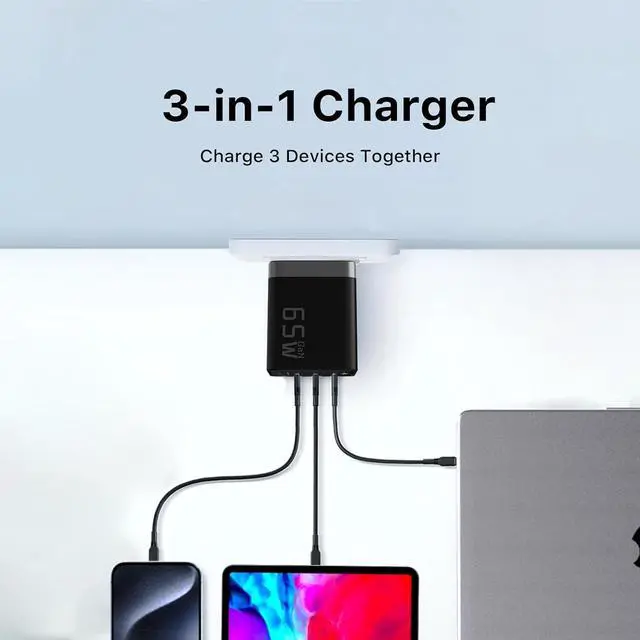 Alt view image 4 of 7 - 65W Charger J1611 GaN Charger 3 Ports Fast Charging Brick Foldable Wall Charger Compatible with HP Spectre MacBook Pro/Air  XPS 13 iPad Pro iPhone 15/Pro Galaxy S23 Apple Watch
