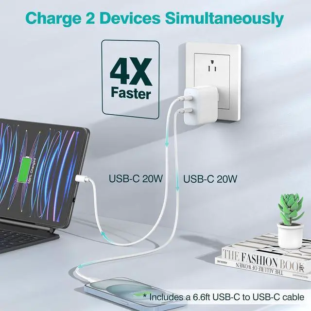 Alt view image 2 of 7 - 40W Dual USB C Charger for iPad Pro 13, 12.9, 11 inch 2024 2023 2022 2021 2020 2019, iPad Air 5 4, Mini 6, iPad 10, iPhone 15/15 Pro Max, 2 x 20W Type C Wall Charger, 6.6ft USB-C Cable