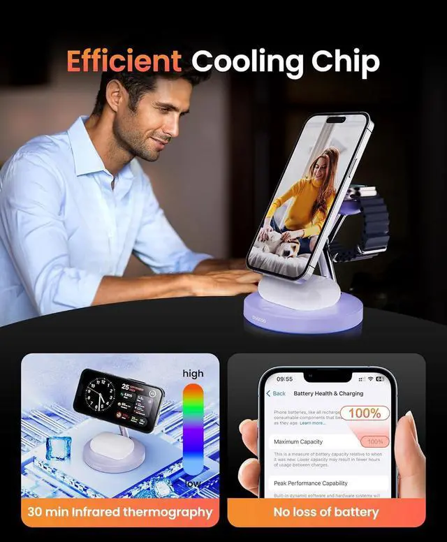 Alt view image 3 of 6 - 2024 Version 3 in 1 30W Supper Fast Wireless Charging Station for iPhone Apple Watch , Magnetic Charger Stand Dock Multiple Devices for 15/14/13/12/, iWatch,  3 2 Pro (Purple)
