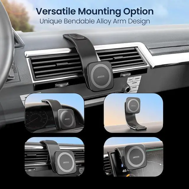 Alt view image 2 of 7 - aetos for iPhone MagSafe Car Mount Phone Holder Fits iPhone 15/14/13/12 Pro/Plus/Max and Android Phones with Ring Adaptor. 360° Rotating Head & Bendable Alloy Arm for a Simplicity Modern Design