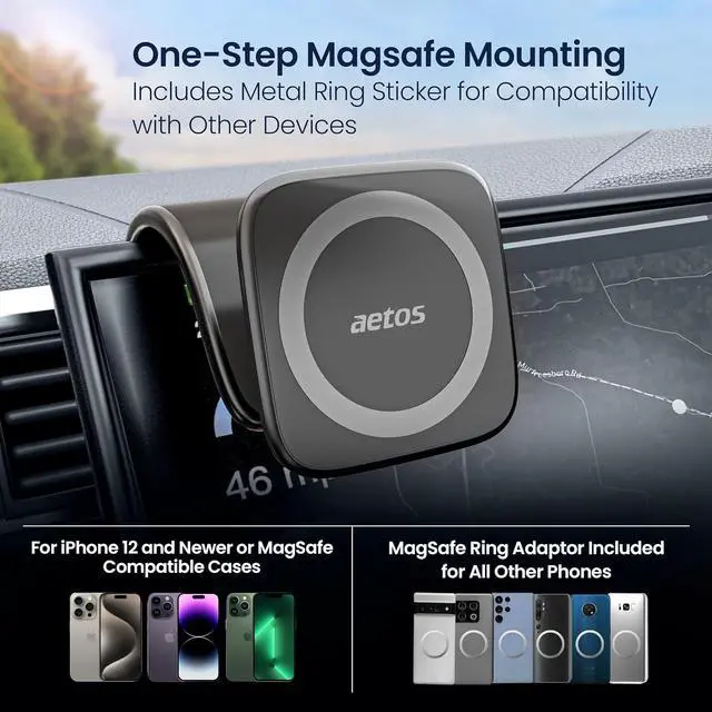 Alt view image 3 of 7 - aetos for iPhone MagSafe Car Mount Phone Holder Fits iPhone 15/14/13/12 Pro/Plus/Max and Android Phones with Ring Adaptor. 360° Rotating Head & Bendable Alloy Arm for a Simplicity Modern Design