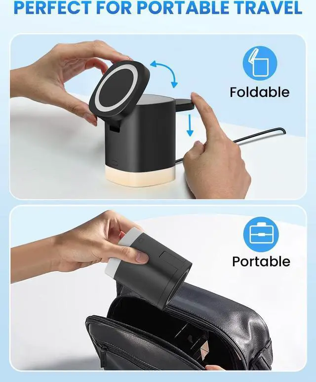 Alt view image 2 of 7 - JoyGeek 3-in-1 Charger Stand for Magsafe: Foldable Wireless Charging Station with Night Lights - Magnetic Charger Dock for iPhone 15/14/13/12 Pro/Max/Plus, , Apple Watch 2-9/Ultra (Black)