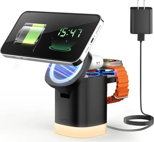 Main image of JoyGeek 3-in-1 Charger Stand for Magsafe: Foldable Wireless Charging Station with Night Lights - Magnetic Charger Dock for iPhone 15/14/13/12 Pro/Max/Plus, , Apple Watch 2-9/Ultra (Black)
