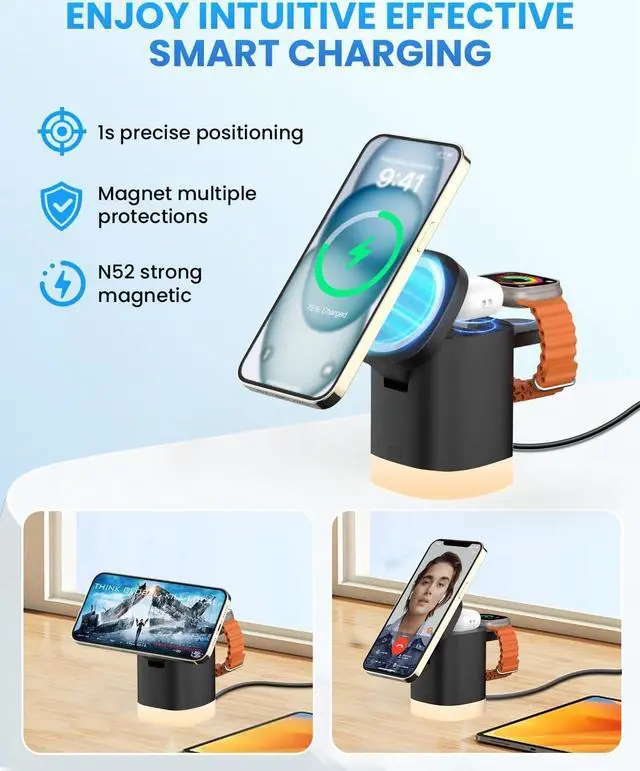 Alt view image 3 of 7 - JoyGeek 3-in-1 Charger Stand for Magsafe: Foldable Wireless Charging Station with Night Lights - Magnetic Charger Dock for iPhone 15/14/13/12 Pro/Max/Plus, , Apple Watch 2-9/Ultra (Black)