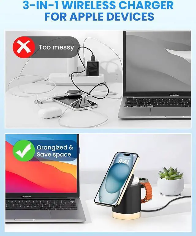 Alt view image 4 of 7 - JoyGeek 3-in-1 Charger Stand for Magsafe: Foldable Wireless Charging Station with Night Lights - Magnetic Charger Dock for iPhone 15/14/13/12 Pro/Max/Plus, , Apple Watch 2-9/Ultra (Black)