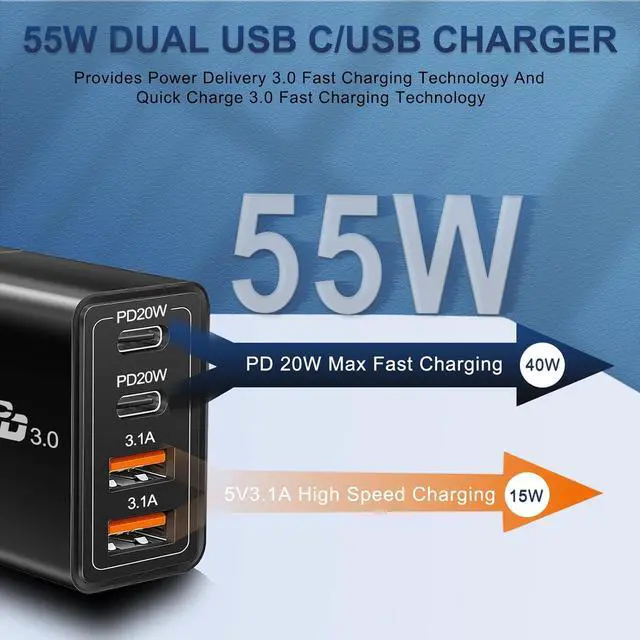 Alt view image 2 of 7 - 55W USB C Charger Block Dual USB C Charger, CARZONJX 4 Port Type C Fast Charging Block QC+PD Power Adapter Wall Charger Plug for iPhone 15 14 13 12 11 Plus Pro Max, Galaxy, Tablet and More
