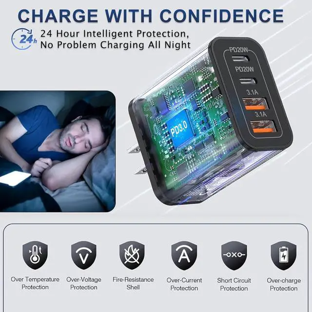 Alt view image 5 of 7 - 55W USB C Charger Block Dual USB C Charger, CARZONJX 4 Port Type C Fast Charging Block QC+PD Power Adapter Wall Charger Plug for iPhone 15 14 13 12 11 Plus Pro Max, Galaxy, Tablet and More