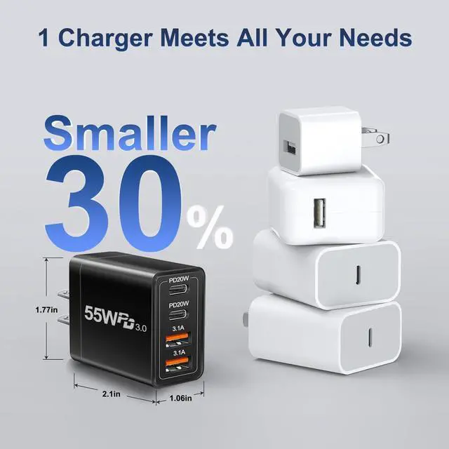 Alt view image 7 of 7 - 55W USB C Charger Block Dual USB C Charger, CARZONJX 4 Port Type C Fast Charging Block QC+PD Power Adapter Wall Charger Plug for iPhone 15 14 13 12 11 Plus Pro Max, Galaxy, Tablet and More