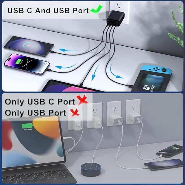 Alt view image 3 of 7 - 55W USB C Charger Block Dual USB C Charger, CARZONJX 4 Port Type C Fast Charging Block QC+PD Power Adapter Wall Charger Plug for iPhone 15 14 13 12 11 Plus Pro Max, Galaxy, Tablet and More