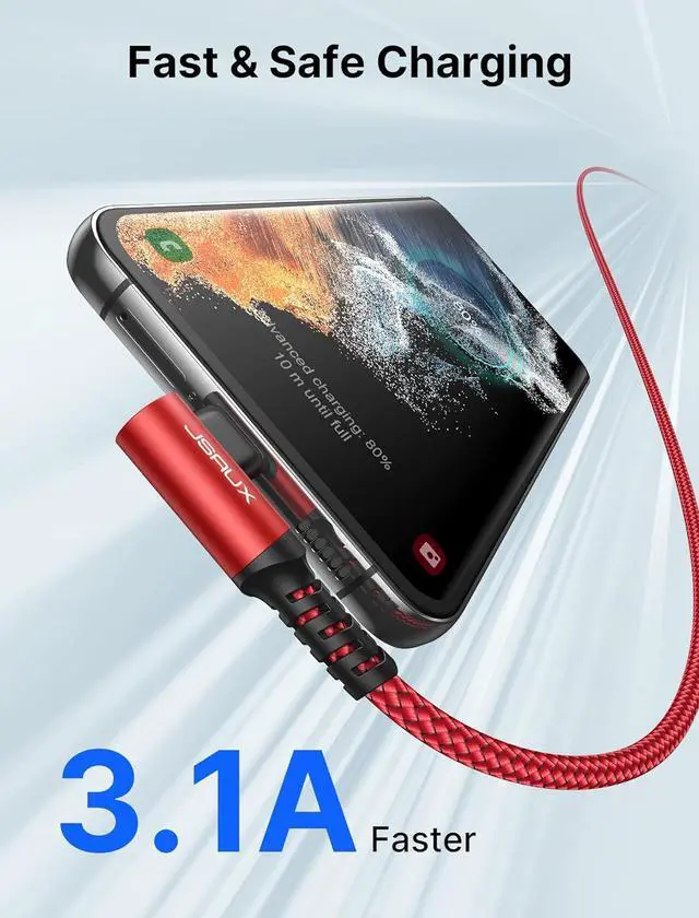 Alt view image 6 of 7 - JSAUX USB C Cable [2-Pack 6.6ft], 3.1A Type C Charger Fast Charging Cable Right Angle Compatible with Samsung Galaxy S24 S23 S22 S21 S20 S10 S9 S8 A51 A13, Note 20 10, iPhone 15 Pro Max, CarPlay -Red