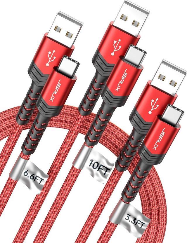 Main image of JSAUX USB-C Cable 3.1A Fast Charging, 3-Pack (10ft+6.6ft+3.3ft) USB A to Type C Charge Cord Compatible with Samsung Galaxy S21 S20 Note 20 10, iPhone 16/16e/16 Pro/16 Pro Max/15, USB C Charger(Red)