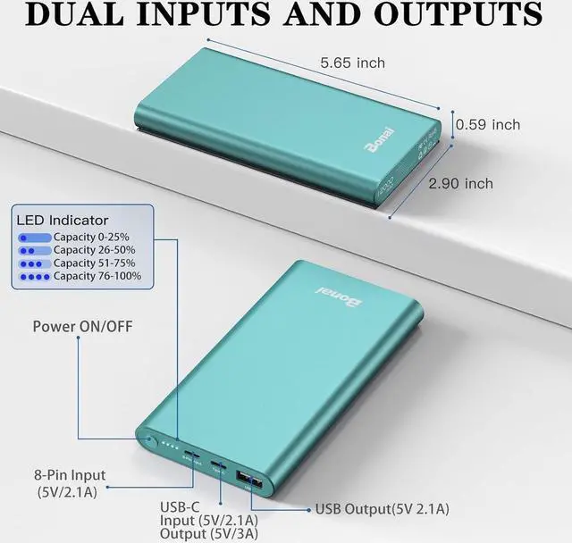 Alt view image 4 of 7 - BONAI Portable Charger 12,000mAh 5V/3A Fast Charging Power Bank, Dural Input & Output Ports (USB-C in & Out) Portable Phone Charger for iPhone 15/14/13/12 Series Samsung Galxy Android iPad etc - Mint
