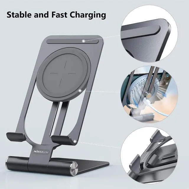 Alt view image 6 of 7 - Nillkin Fast Wireless Charger - Metal Foldable and Adjustable Wireless Charging Stand for iPhone 16 15 14 13 12, Samsung Galaxy S25 S24 S23 S22 S21 Ultra/Plus and Android Phones, Space Grey
