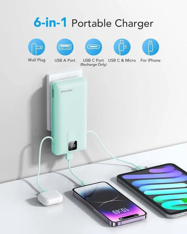 Alt view image 3 of 7 - Charmast Portable Charger with Built-in Cables and Wall Plug, 20000mAh 20W USB C Power Bank Fast Charging Battery Pack Compatible with iPhone iPhone 16/15/14/13 Series, Samsung Google iPad etc