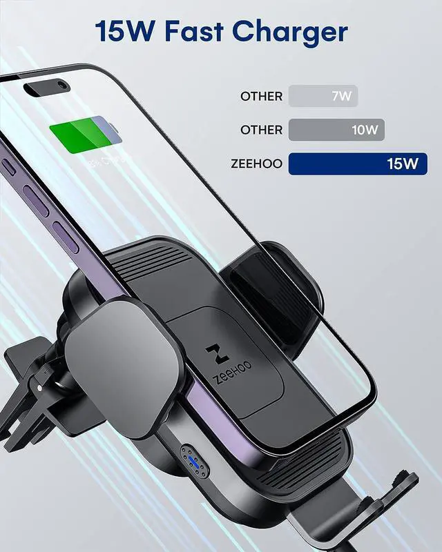 Alt view image 2 of 7 - ZeeHoo Wireless Car Charger, 15w Fast Charging, Auto Clamping Car Phone Mount, Cell Phone Holder Charger, for iPhone 15 14 13 12 11 Pro Max Xs, Samsung Galaxy S23+ S22, Etc.(Grey)