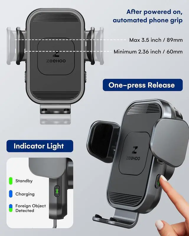 Alt view image 3 of 7 - ZeeHoo Wireless Car Charger, 15w Fast Charging, Auto Clamping Car Phone Mount, Cell Phone Holder Charger, for iPhone 15 14 13 12 11 Pro Max Xs, Samsung Galaxy S23+ S22, Etc.(Grey)