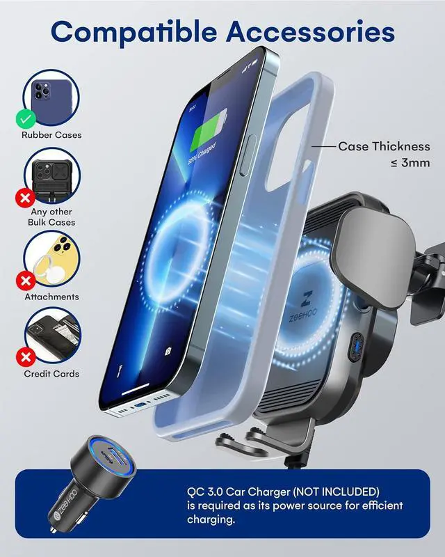Alt view image 6 of 7 - ZeeHoo Wireless Car Charger, 15w Fast Charging, Auto Clamping Car Phone Mount, Cell Phone Holder Charger, for iPhone 15 14 13 12 11 Pro Max Xs, Samsung Galaxy S23+ S22, Etc.(Grey)