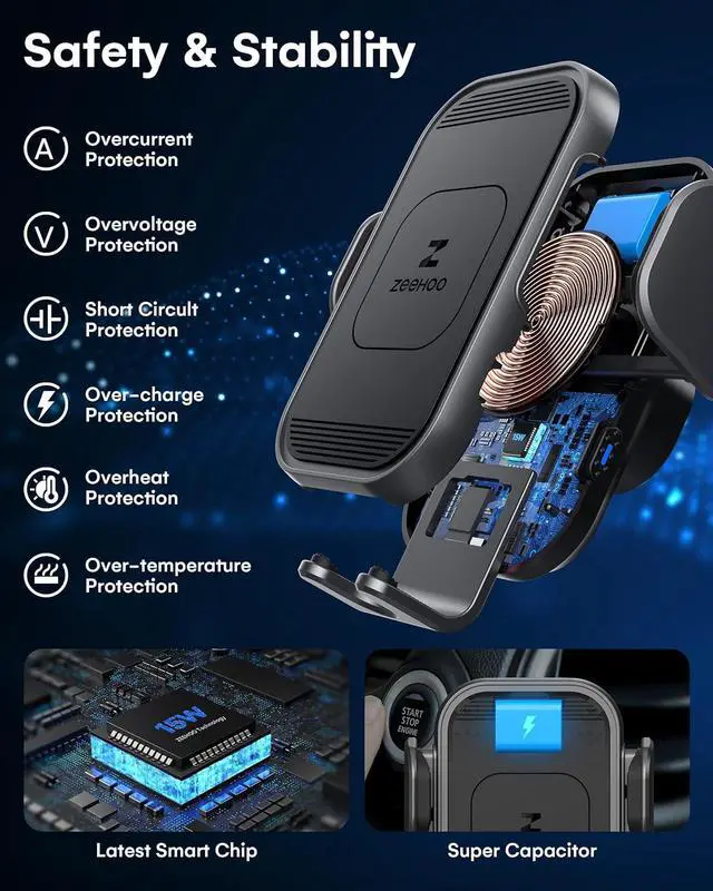 Alt view image 7 of 7 - ZeeHoo Wireless Car Charger, 15w Fast Charging, Auto Clamping Car Phone Mount, Cell Phone Holder Charger, for iPhone 15 14 13 12 11 Pro Max Xs, Samsung Galaxy S23+ S22, Etc.(Grey)