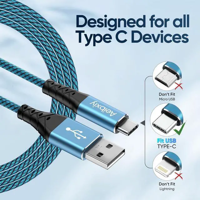 Alt view image 2 of 7 - USB C Cable 10FT 5-Pack Type C Charging Cable, USB A to USB C Charging Nylon Braided Charge Cord for Samsung Galaxy S20 S10 S9, A11 A20, Note 10 9 8, USB Type C Charger
