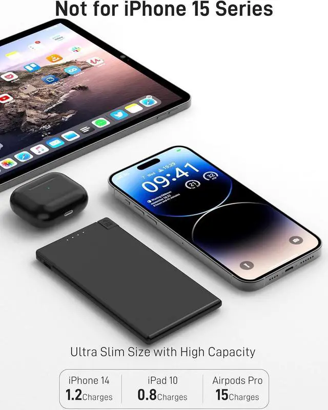 Alt view image 2 of 6 - Auskang Portable Charger for iPhone (Not for iPhone 15 Series) with Built in Lightning Cable 5000mAh Slim Power Bank Compatible with iPhone 14/13/12/11/X/8/7/6/5 SE Series Thin Battery Pack