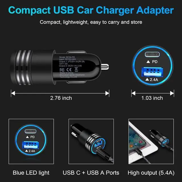 Alt view image 5 of 7 - Fast Charging USB C Car Charger for iPhone 15 14 13 12 11 Pro Max SE XR XS X 8 Samsung Galaxy S24 S23 S22 S21 S20 Note20 Google Pixel 8 Pro/7a/7 Pro/6a/6/5/4a/4/3,2Pack 30W PD+2.4A Type C Car Adapter