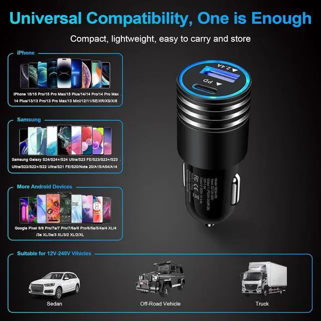 Alt view image 7 of 7 - Fast Charging USB C Car Charger for iPhone 15 14 13 12 11 Pro Max SE XR XS X 8 Samsung Galaxy S24 S23 S22 S21 S20 Note20 Google Pixel 8 Pro/7a/7 Pro/6a/6/5/4a/4/3,2Pack 30W PD+2.4A Type C Car Adapter
