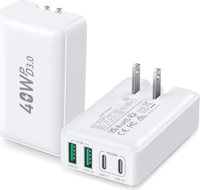 Main image of USB C Charger Block, Excgood 40W 4-Port Flat USB Wall Charger Adapter Multiport Dual PD+QC Foldable Slim Fast Charging Plug Compatible for iPhone 15 Pro Max 14 13 iPad Watch S9 Galaxy S23,2Pack White