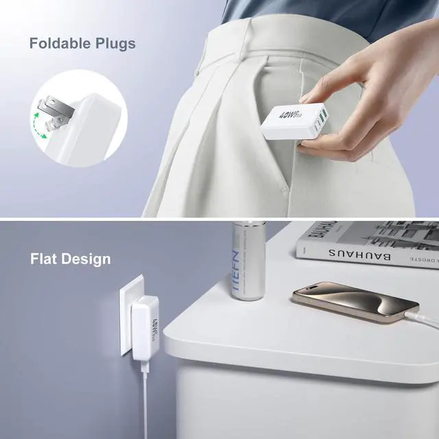 Alt view image 4 of 7 - USB C Charger Block, Excgood 40W 4-Port Flat USB Wall Charger Adapter Multiport Dual PD+QC Foldable Slim Fast Charging Plug Compatible for iPhone 15 Pro Max 14 13 iPad Watch S9 Galaxy S23,2Pack White