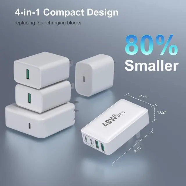 Alt view image 6 of 7 - USB C Charger Block, Excgood 40W 4-Port Flat USB Wall Charger Adapter Multiport Dual PD+QC Foldable Slim Fast Charging Plug Compatible for iPhone 15 Pro Max 14 13 iPad Watch S9 Galaxy S23,2Pack White
