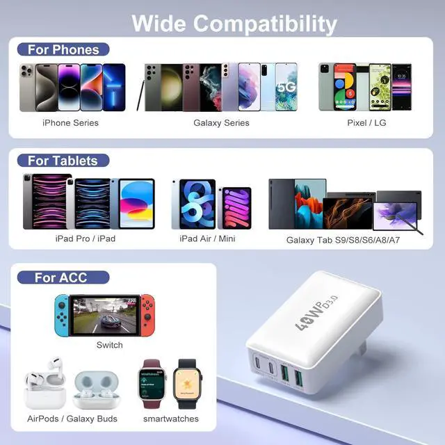Alt view image 7 of 7 - USB C Charger Block, Excgood 40W 4-Port Flat USB Wall Charger Adapter Multiport Dual PD+QC Foldable Slim Fast Charging Plug Compatible for iPhone 15 Pro Max 14 13 iPad Watch S9 Galaxy S23,2Pack White