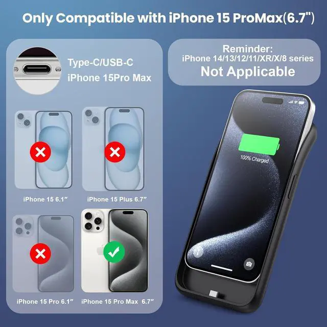 Alt view image 2 of 7 - Battery Case for iPhone 15Pro Max, Upgrade 8600mah Portable Slim Battery Charging Case, 15W Fast Charging Rechargeable Protective Extended Charger Cover for iPhone 15 Pro Max (6.7 inch)-Black