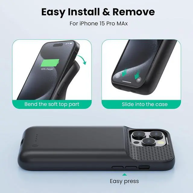 Alt view image 6 of 7 - Battery Case for iPhone 15Pro Max, Upgrade 8600mah Portable Slim Battery Charging Case, 15W Fast Charging Rechargeable Protective Extended Charger Cover for iPhone 15 Pro Max (6.7 inch)-Black