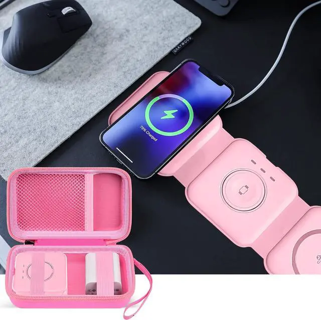 Alt view image 6 of 7 - Travel Case for UCOMX for Nano/for Iseyyox/for LISEN/for RTOPS 3 in 1 Wireless Charger, Foldable Magnetic Charging Station Storage Holder Bag for Fast Charge Pad Cable and Adapter, Pink-Box Only