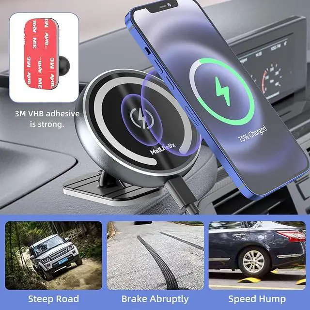 Alt view image 5 of 7 - for Magsafe Car Mount Wireless Charger Magnetic Fast Charging Compatible with iPhone 16,15,14,13,12,Pro Max,Mini,Magsafe Case, Air Vent and Stick On Dashboard Car Phone Holder