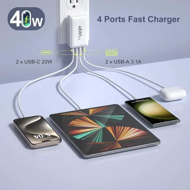 Alt view image 2 of 7 - USB C Charger Block, Excgood 40W 4-Port Flat USB Wall Charger Adapter Multiport Dual PD+QC Foldable Slim Fast Charging Plug Compatible for iPhone 15 Pro Max 14 13 iPad Watch S9 Galaxy S23,2Pack White