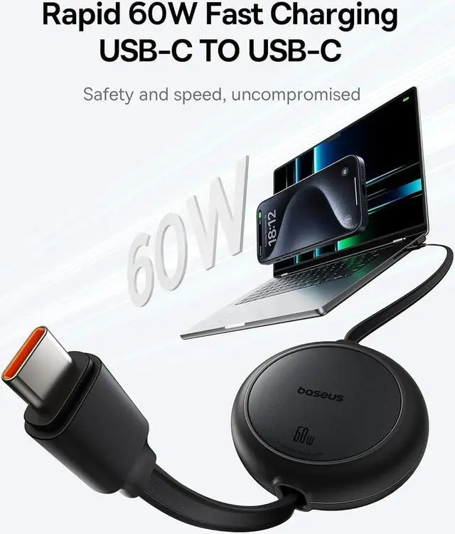 Alt view image 2 of 6 - Baseus USB C Cable, 60W Ultra Mini Retractable USB C to USB C PD 3A Fast Charging Cable, 4-Stage Length Preset USB Type C Charger Cable for iPhone 15/Pro/Plus/Max, , iPad Pro, Galaxy S24/S23