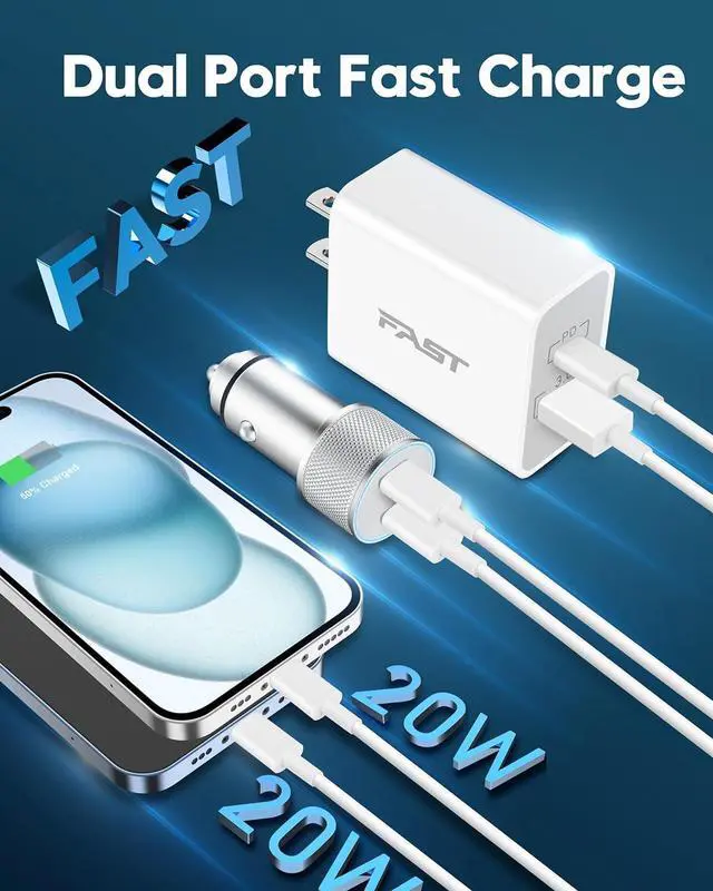 Alt view image 3 of 7 - iPhone 15 Charger USB C Car Charger, 20W Dual Port Fast USB C Wall Charger Block + 2Pack 6FT USB-C to C Fast Charging Cable + 40W USB C Car Charger for iPhone 15/15 Plus/15 Pro Max, iPad Pro/Air/Mini